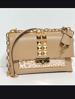 Michael Kors Beige Gold Studded Leather Shoulder Bag with Animal Print Accent